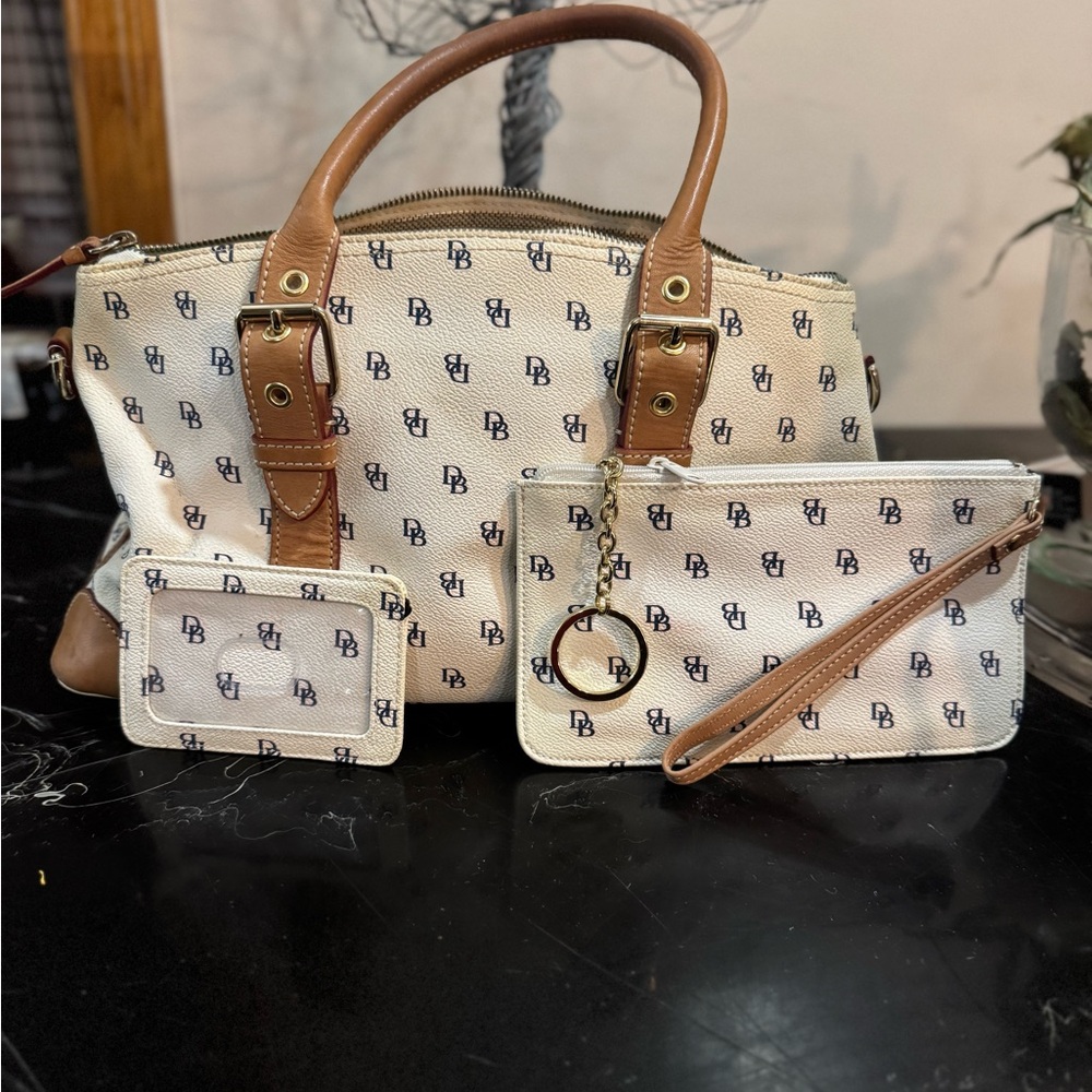 Dooney & Bourke Cream and Tan Women's Bag Set ID pouch & Coin/Makeup Clutch